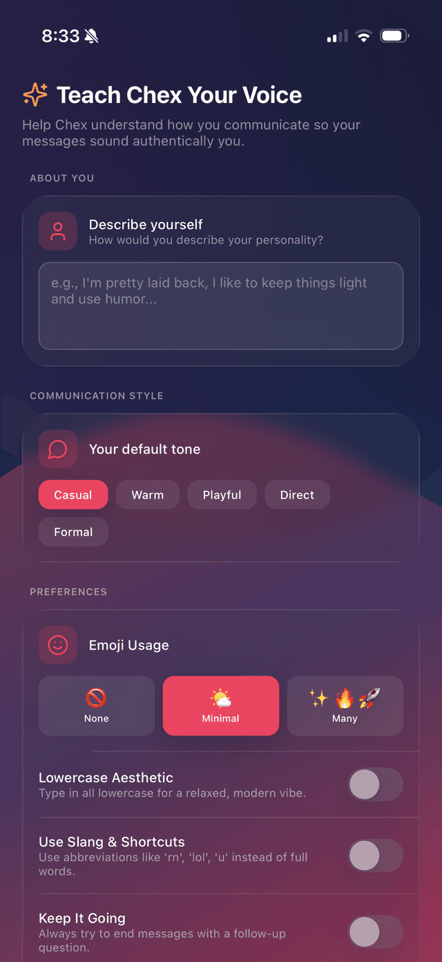 Chex AI voice training screen