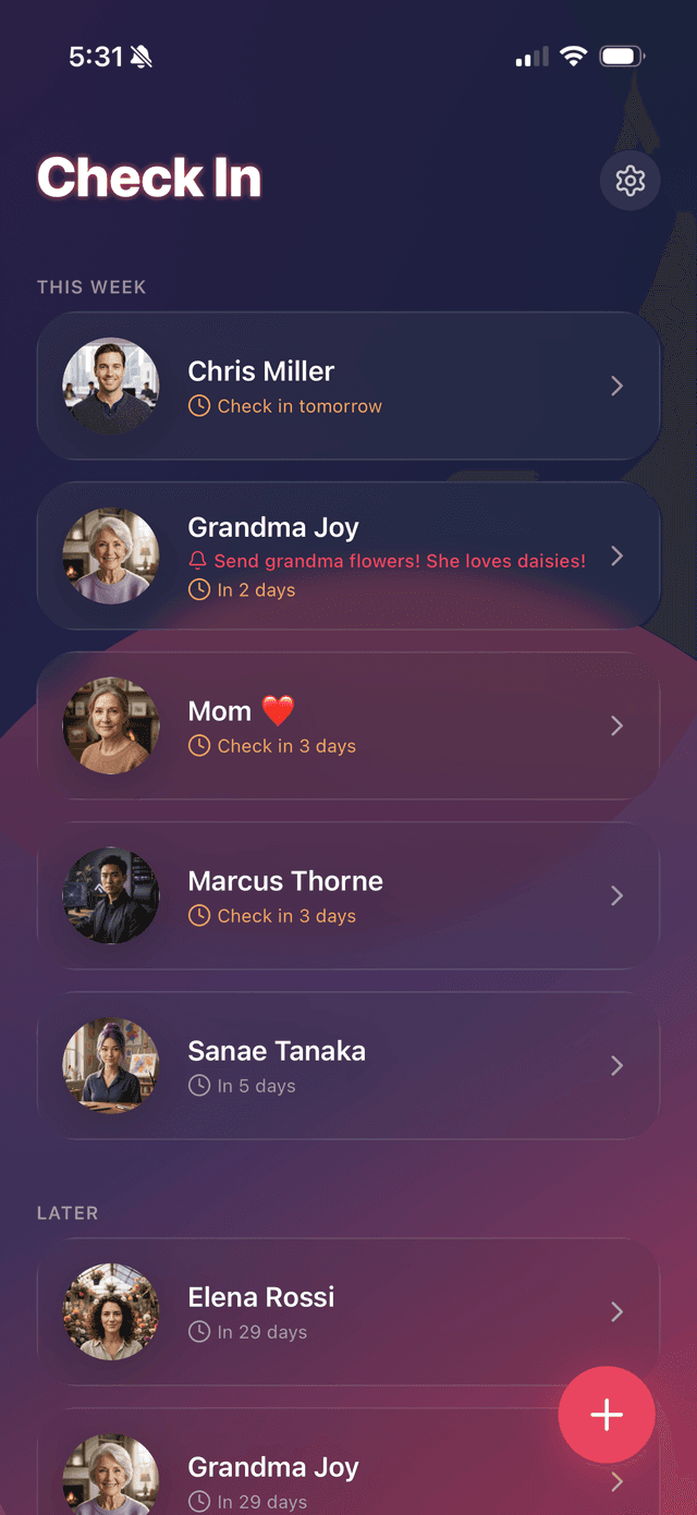 Check In app showing family contacts with FutureOS theme
